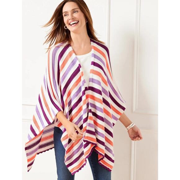 TALBOTS Multi Stripe Ruana Poncho Cardigan M/L Cotton Crochet Knit Resort Boho - Picture 1 of 9
